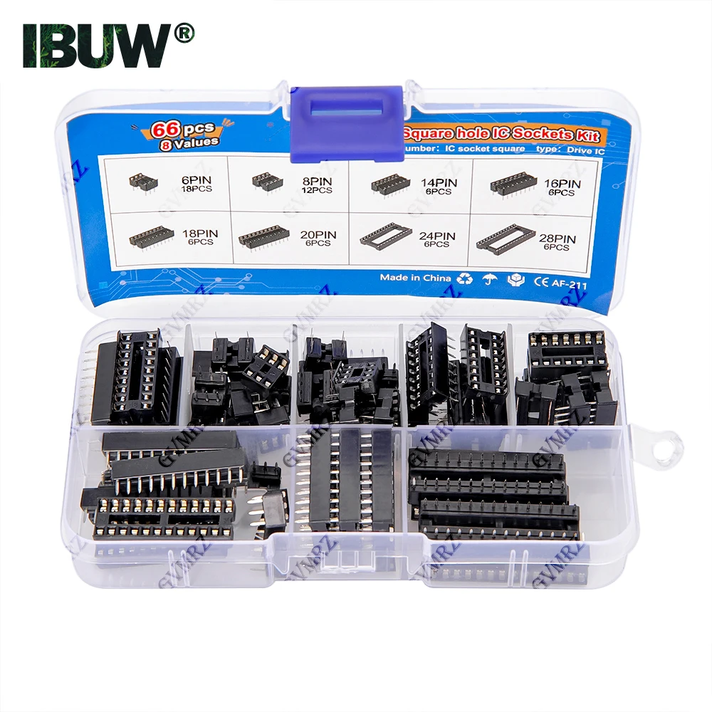66PCS/lot with Box DIP IC Sockets Adaptor Solder Type Socket Kit 6 8 14 16 18 20 24 28 Pin DIP-6 DIP-8 DIP-14 IC Connector