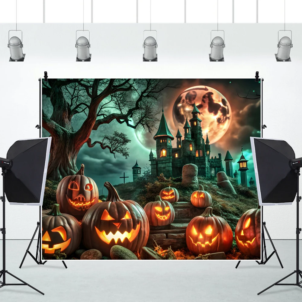 خلفية للتصوير الفوتوغرافي لبيوت القرع للهالوين، مشهد مقبرة قلعة الليل المظلم للأطفال، خلفية صورة للحفلات