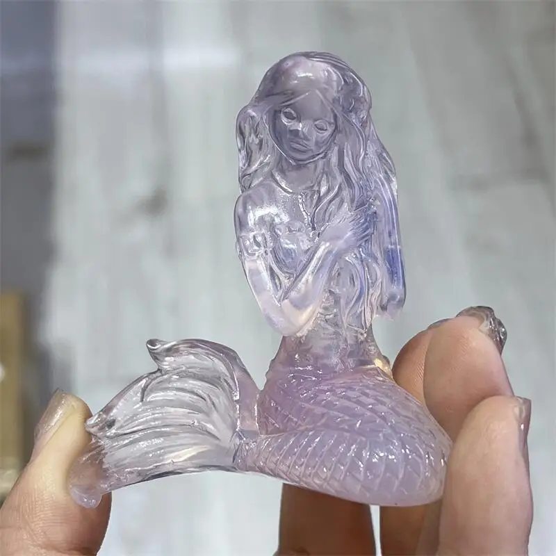 High Quality Pink Opalite Mermaid Carving Animal Crafts Healing Crystal Stone Feng Shui Home Decoration Gift 1PCS