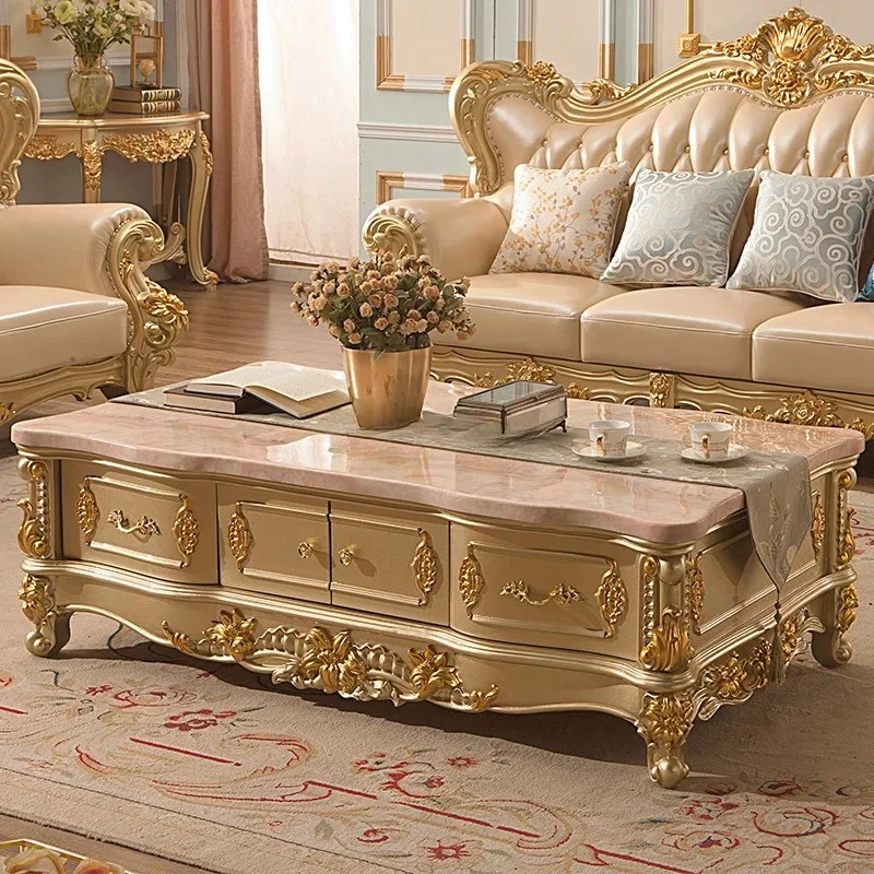 

Журнальный столик класса люкс из массива дерева цвета шампань с мраморной столешницей, тумба под телевизор