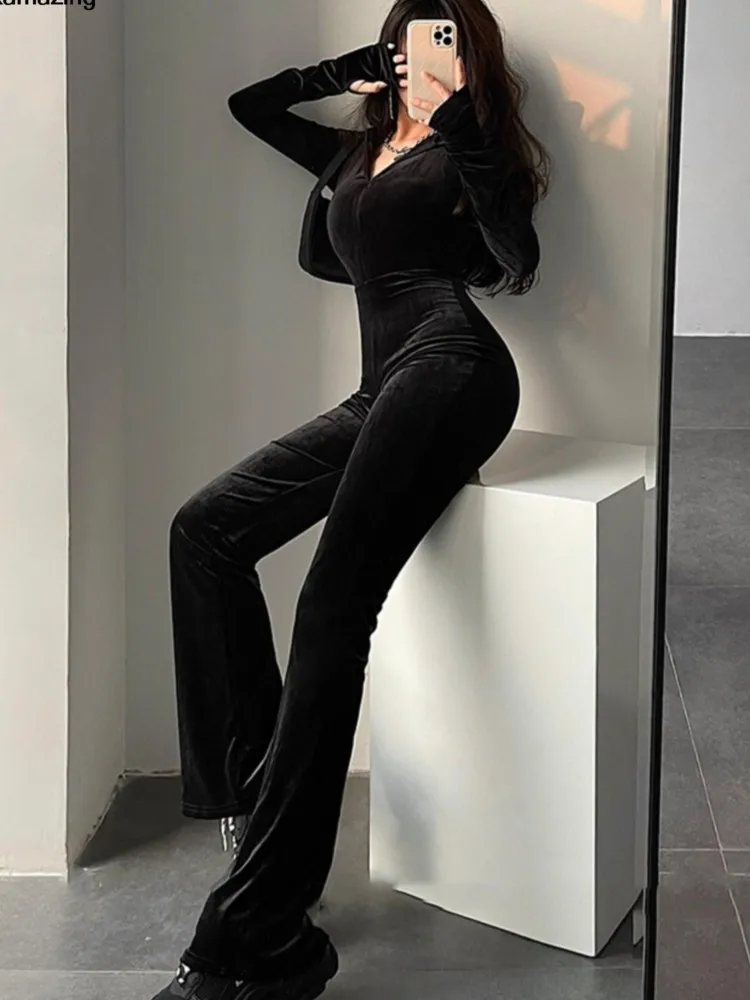 Combinaison moulante en velours noir pour femme, Sexy, mode, capuche, fermeture éclair, pantalon évasé, barboteuse, Vintage Y2k, Streetwear, tenues d'hiver, automne