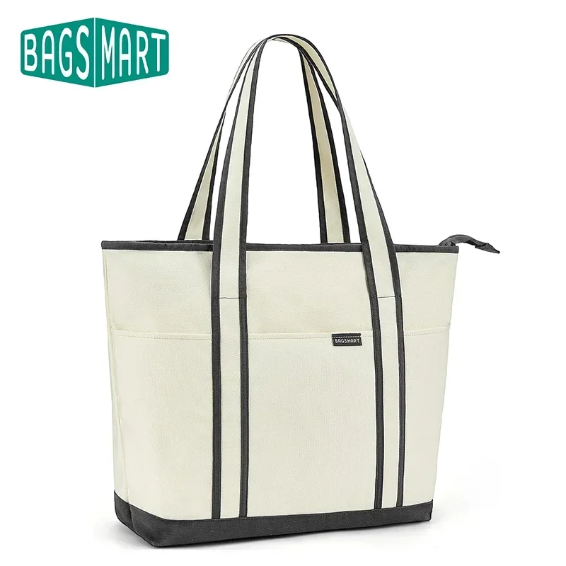 

BAGSMART Women's Canvas Tote Bag with Compartments Zipper Large Capacity Shoulder Handbag for Travel And Shopping