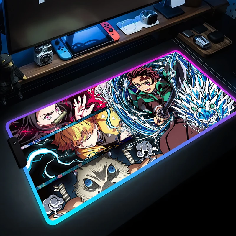 

LED Mouse Pad Kawaii Computer Speed Mini PC Gamer Demon Slayer HD Keyboard Pad Gaming Accessories Desk Mat RGB Luminous Mousepad