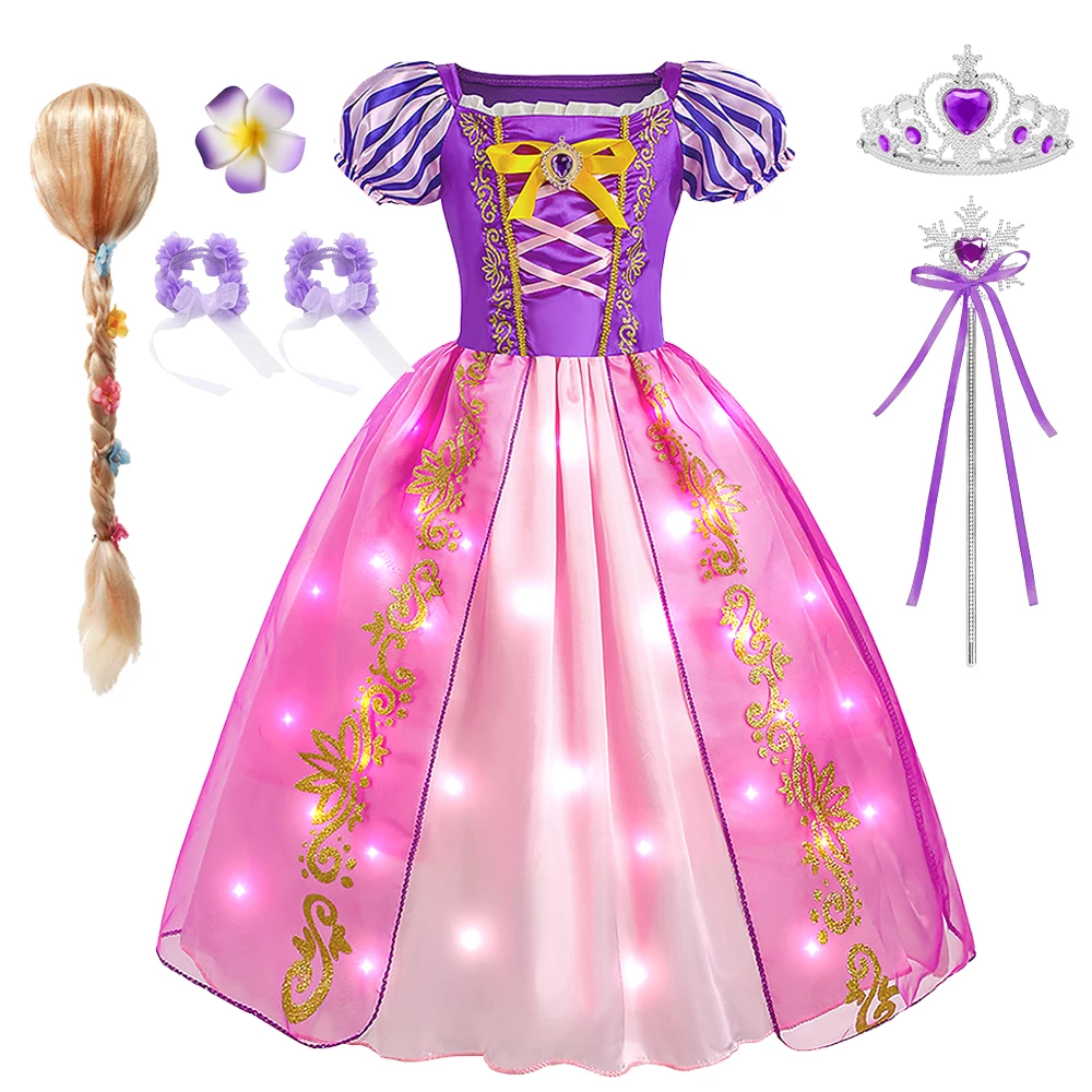 Disney Rapunzel Dress Girls LED Lights Up Dress Kids Princess Dresses Rapunzel Cosplays Costumes Carnival Children Clothing