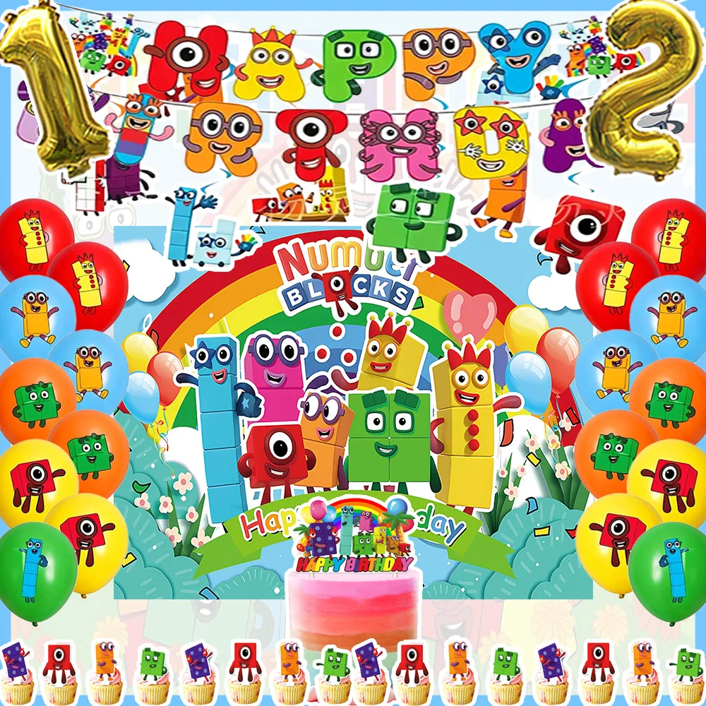 Image of Cartoon-Bausteine Themen-Geburtstagsparty-Dekorationen Banner Zahlenballons Cupcake-Topper Hintergründe Kinderparty-Zubehör