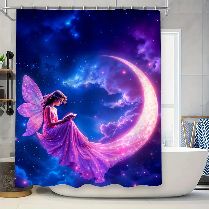 

Fantasy Moon Fairy Bath Curtain Shower Fabric Purple Pink Galaxy Space Design Decorative Waterproof Bath Mat Accessories for Bat