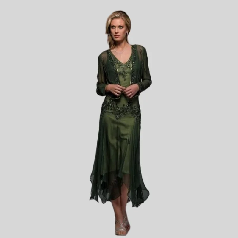 Mais tamanho mãe dos vestidos de noiva a linha v-neck chiffon renda frisada com jaqueta noivo vestidos de mãe longa para o casamento