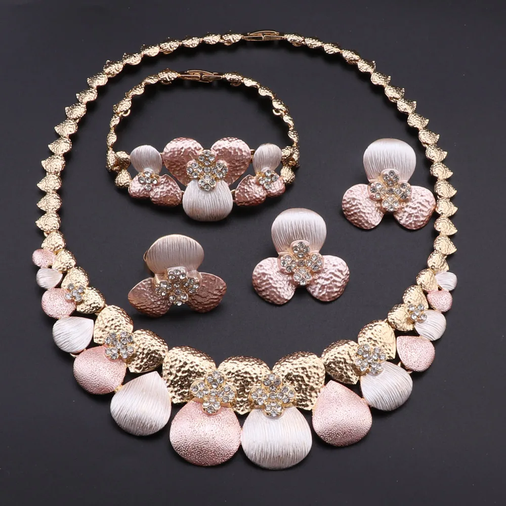 Colorful Floral Wedding Jewelry Set for Bride Bridesmaids, Gold Plated 4Pcs Necklace Bracelet Ring Earrings