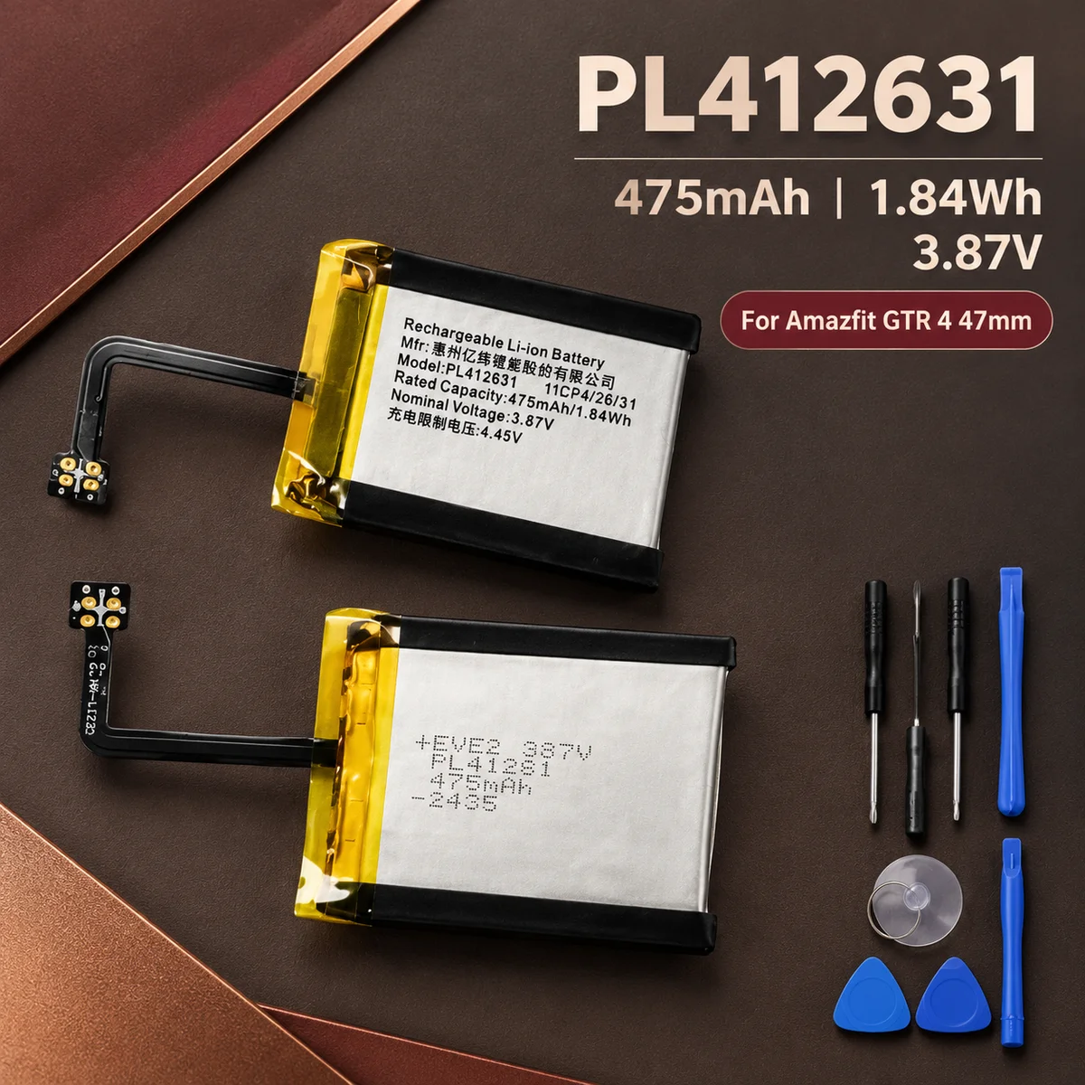 PL412631 475mAh Replacement Battery with Repair Tools for Huami Amazfit GTR 4 47mm Smart Watch Compatible with A2165 A2166