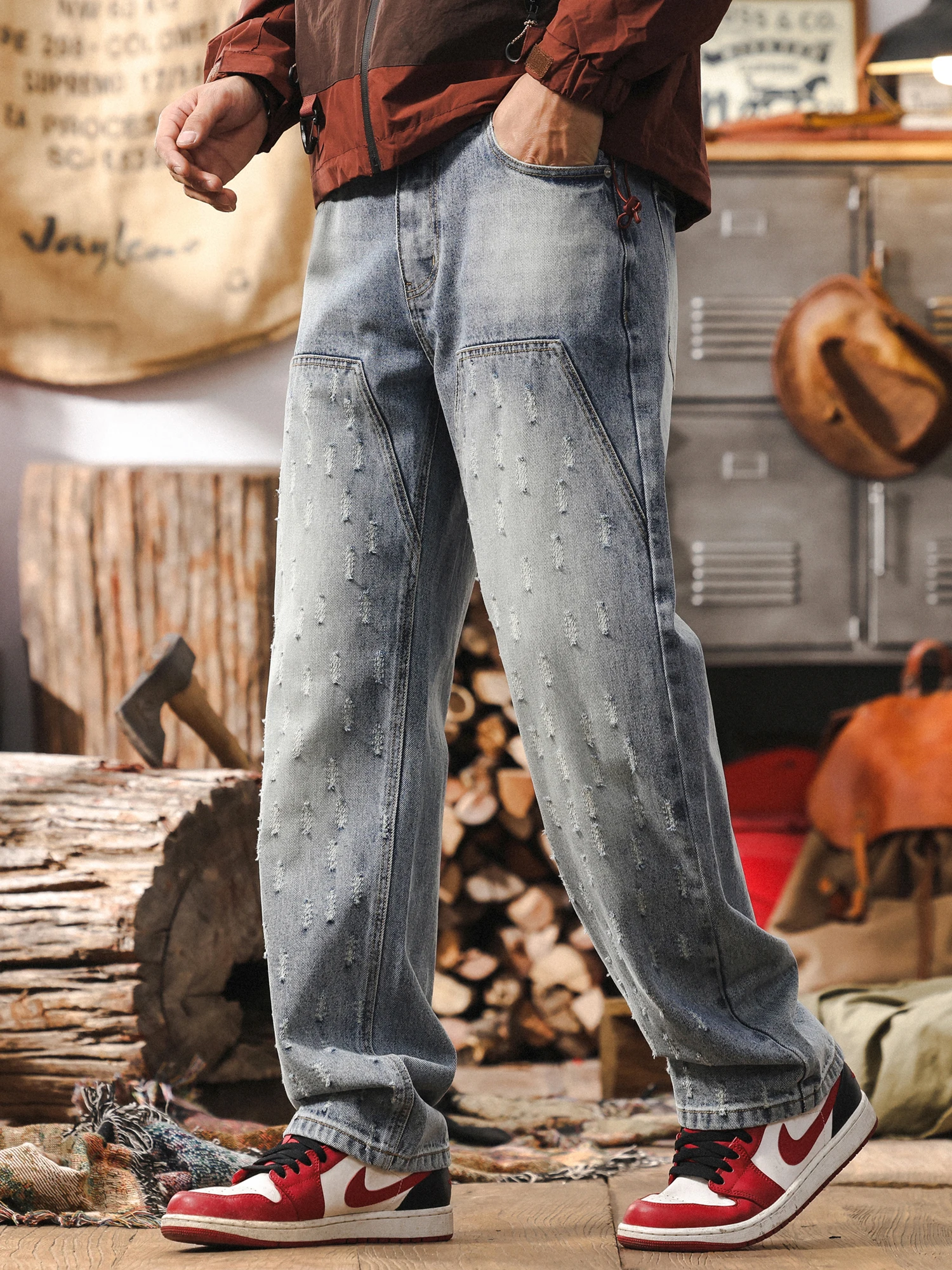 

Мужские джинсы American Sle Heavyweight Hook Flower Straight Leg Waed, повседневные, в стиле High Street, свободного кроя, с эффектом потертости