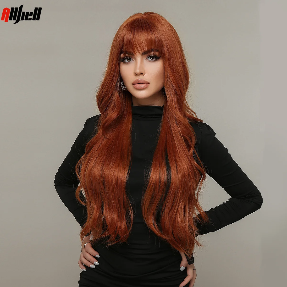 Long Natural Wave Orange Synthetic Wigs With Full Bangs for Black Women Daily Halloween Cosplay Wigs Hair Heat Resistant Fiber