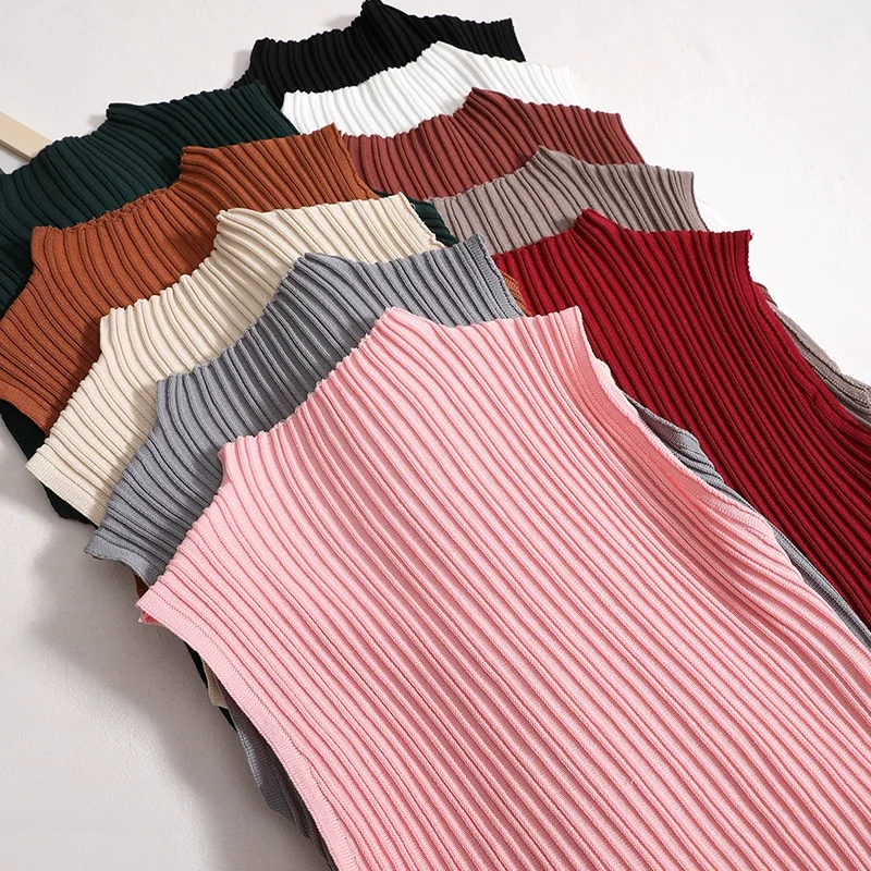 Spring Summer Knitted Simple Tank Female Sleeveless Solid Cropped T shirts Tees Tops For Women