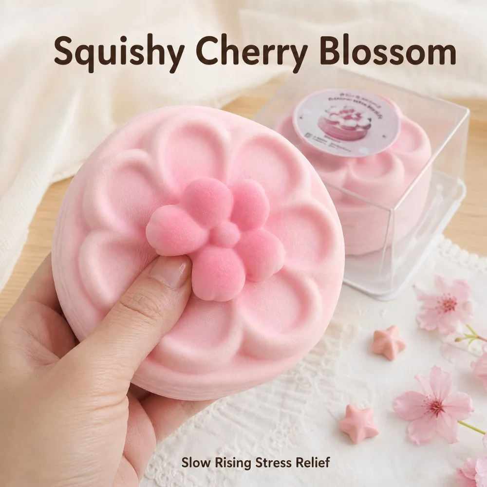 Cherry Blossom Cake Squishy Toy Slow Rising Fidget Stress Relief Soft Sensory Squeeze Ball Office Desk Anxiety Relaxation Gift