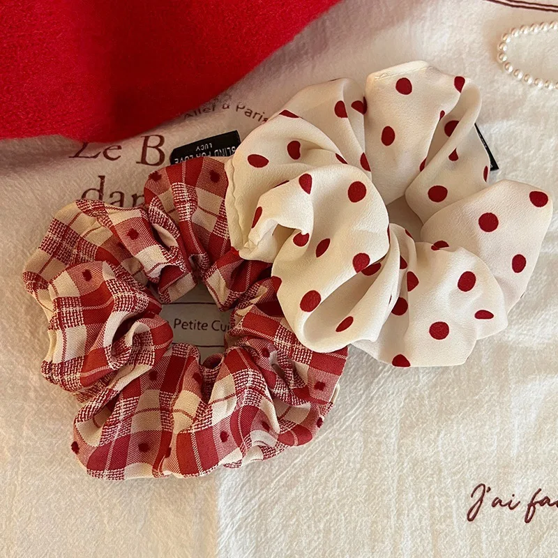 2025 Nowy Rok Polka Dot White Red Scrunchies Student Girls Hair Ties Ropes Women Low Ponytail Holder Large Elastic Hair Bands — zdjęcie 5