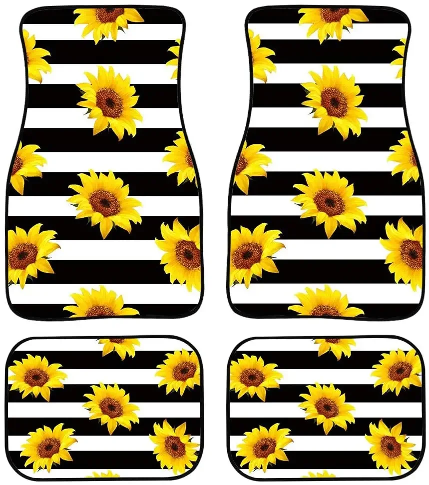 

Stylish Sunflower On Stripes Design Car Floor Mats Carpet For Women Car SUV Van-Heavy Duty Full Interior,Universal Fit