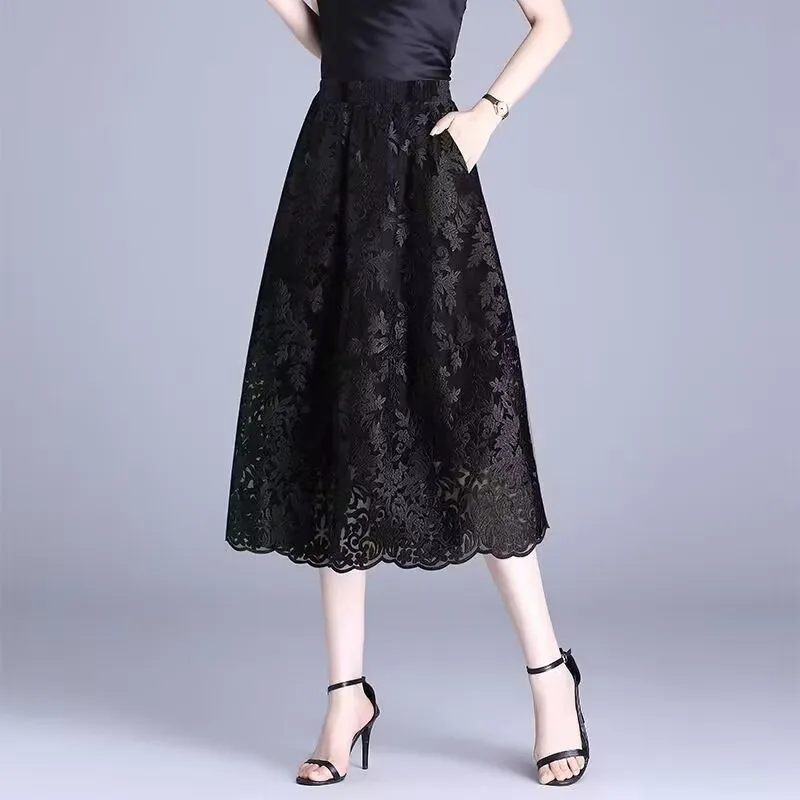 Fashion  Summer Black lantern Skirt Lace Mid-Length Skirts 2026 Summer New High Waist Women's Skirt Embroidery Skirt Size L-4XL
