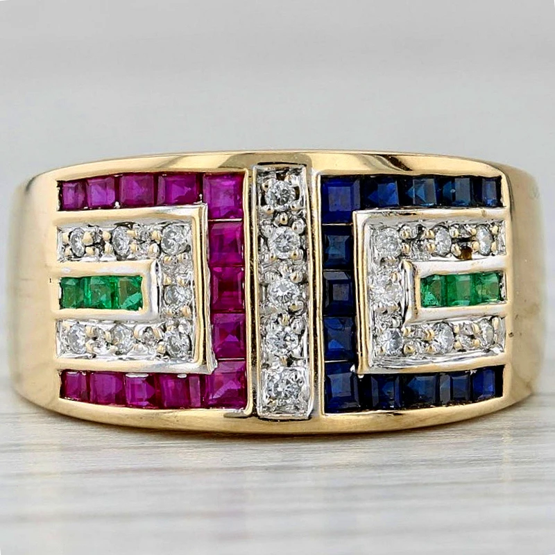 Modischer Luxuriöser Farbiger Synthetischer Zirkonia Vergoldeter Breiter Ring für Damen Funkelnder Vintage Bankett Festival Schmuck Handwerk
