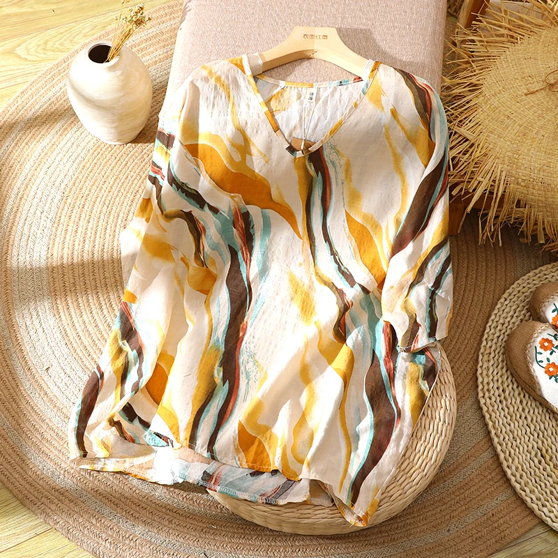 

plus Size Cotton Linen Batwing Sve T-irt Casual V-Ne Irregular Loose Fit Women's Top Summer Comfortable Head over Foot...