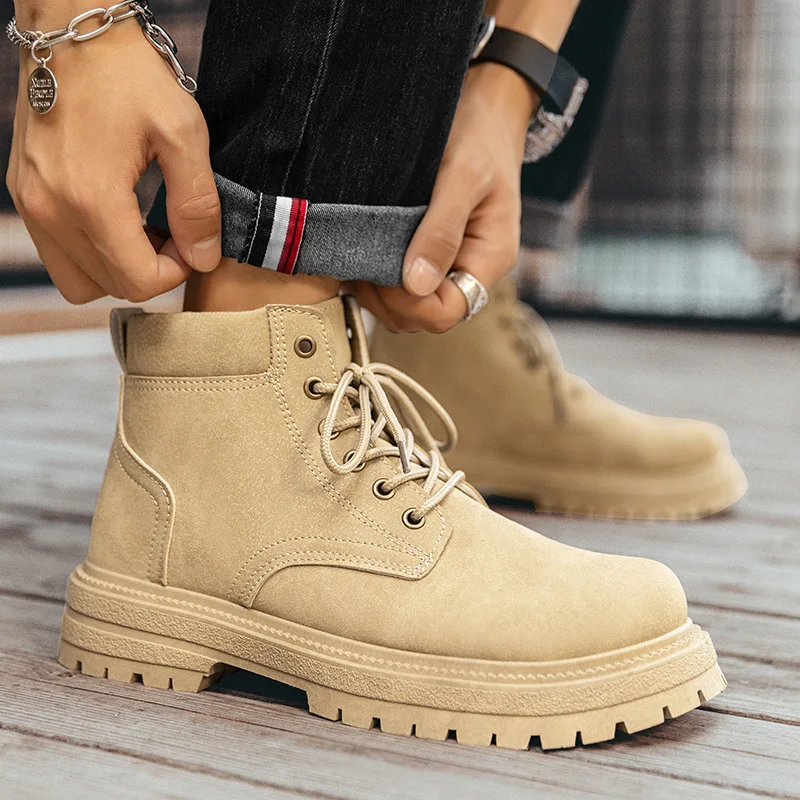 

Fashion Thick Sole Men's Boots Casual Lace-Up Ankle Boots Non-Slip Versatile Tooling Boots Outdoor High-top Hiking Shoes for Men