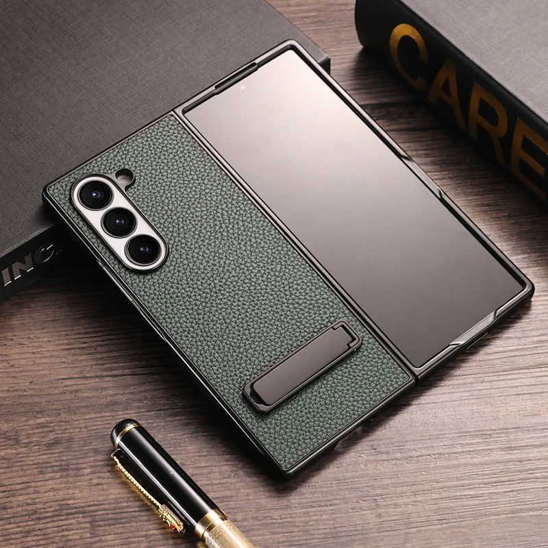 For Samsung Galaxy Z Fold 6 Case Luxury Lichee Pattern PU Leather Metal Back Kickstand Protective Folding Cover For Z Fold6