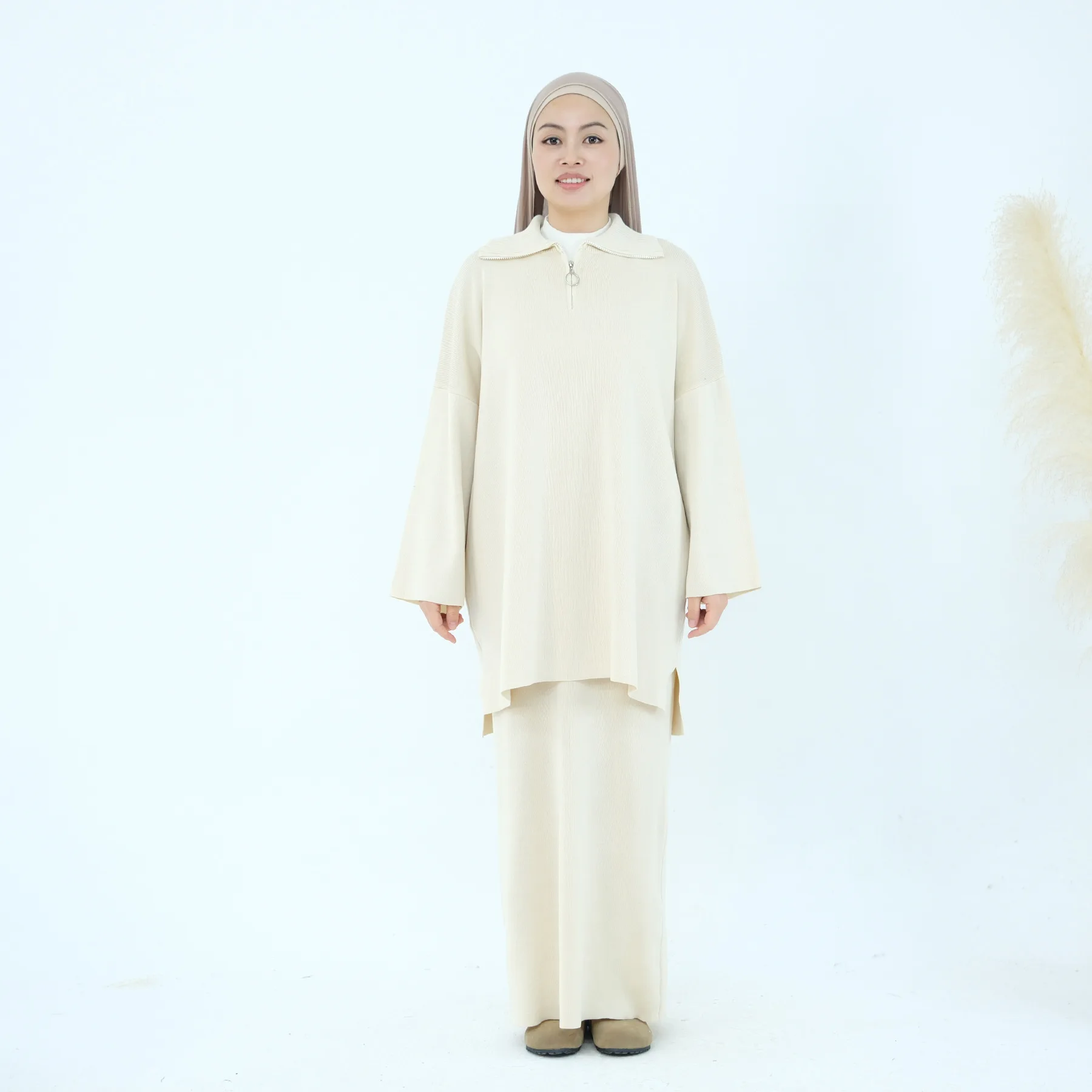 Women 2 Piece Set Modest Muslim Warm Knit Zip Pullover Sweater Long Skirt Autumn Winter Outfits Islam Clothing Dubai Abaya Dress