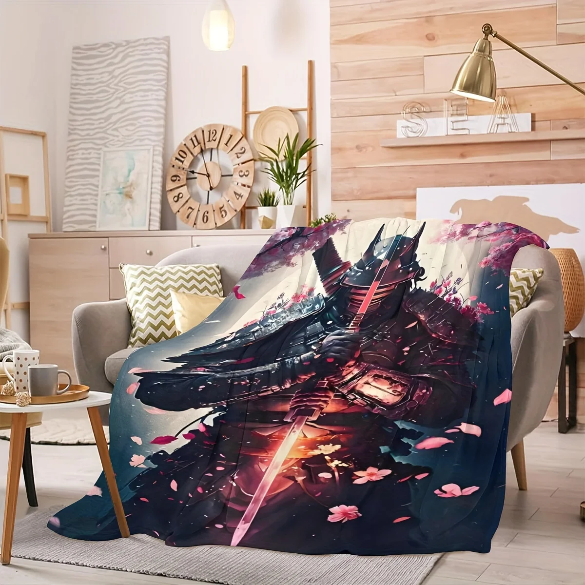 Cool Samurai Armor Sakura Falling Petals Illustration Pattern Flannel Blanket Warm Throw For Lounge Bedroom Holiday Warm Gift