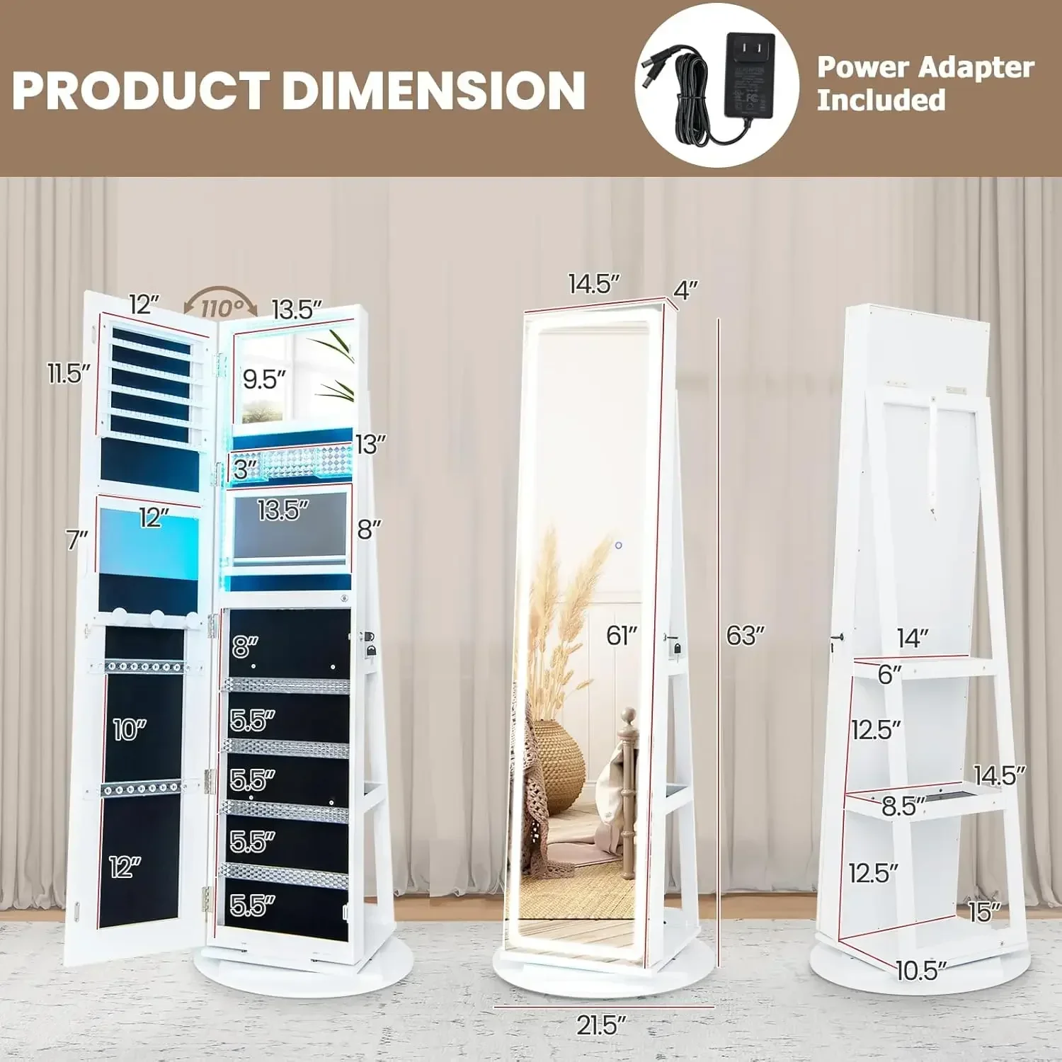 Mirror Jewelry Cabinet Armoire 360° Swivel, Full Length Mirror with Jewelry Storage, 3 Color & Adjustable Lights,