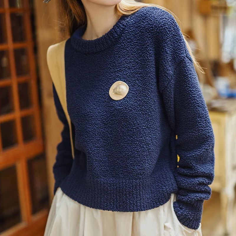 Maden Casual Solid-color Knitted Sweater Vintage Crew-neck Pullover Inner-layer Bottoming Tops for Women's Warm Fall Knitwear