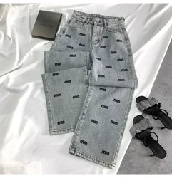 ZOENOVA Y2K Narrow Letter Hot Diamond High Waisted Denim Straight Leg Pants for Women's Winter Fashionable Slim Wide Leg Pants