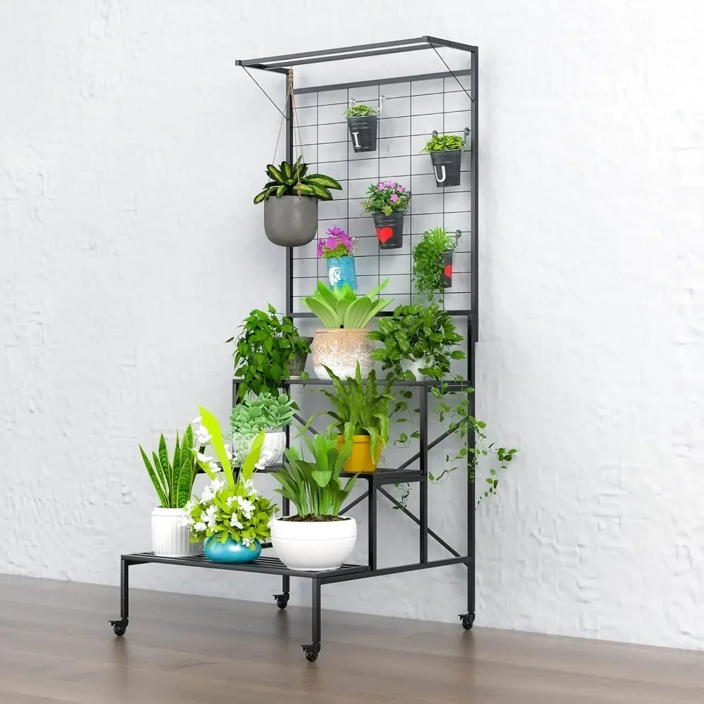 

3 Tier Large Heavy Duty Plant Stand with wheels, Tall multi layer Plant Holder with Hanging Plant pot shelf