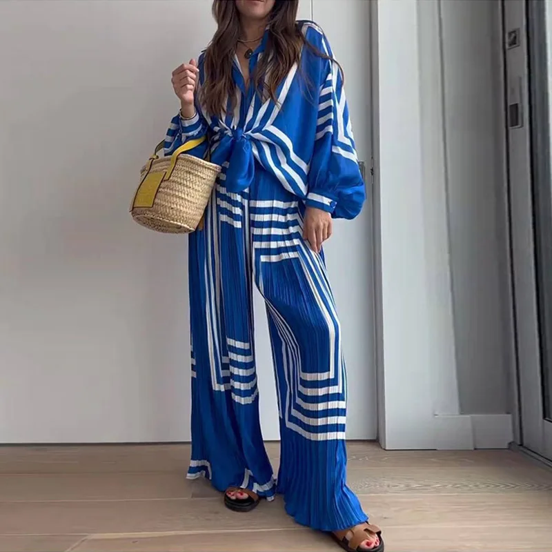 Chiffon Stripe Print Pants Set Loose Women Pajamas Lace Up Long Sleeve Shirt 2 Pieces Set Sleepwear Female Wide Leg Pants Suit
