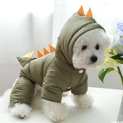 1PC Pet Clothes Winter Plush Thick Military Color Fat Dinosaur Four legged Cotton Coat Suitable for Small and Medium sized Dogs