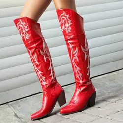 Ethic Western Cowboy Overknees Loose Wide Calf Botas Pointed Toe Chunky High Heels Embroidery Over-the-knee Long Women Boots