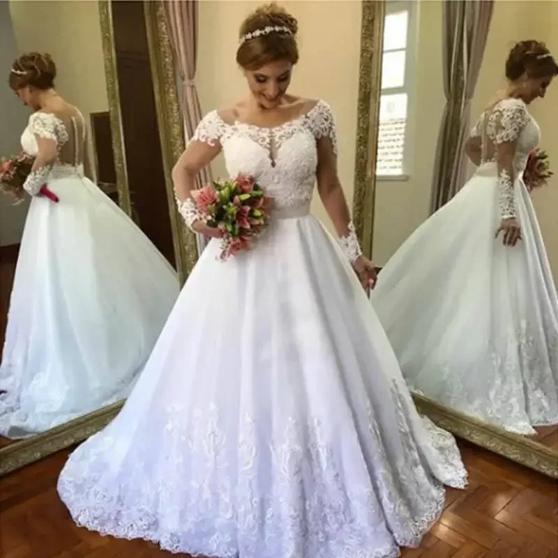 Vestidos De novia clásicos personalizados con cuello redondo y Apliques De encaje, cola De barrido, mangas largas, botones De ilusión en la espalda, Vestido De Casament