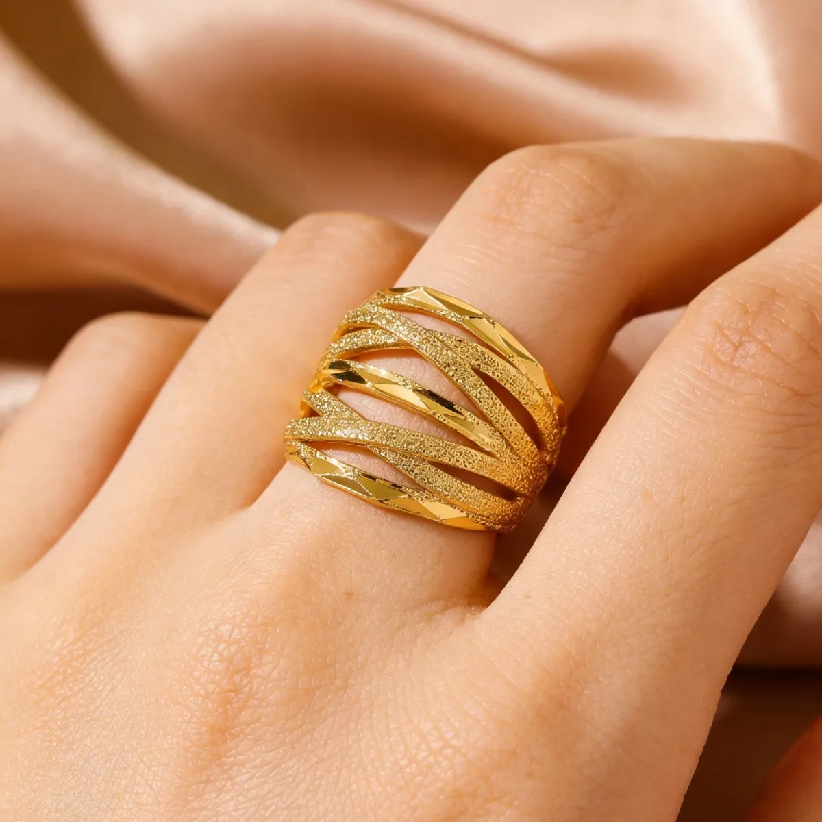 Retro Artistic Retro Stackable Open One Size Ring For Women 24K Gold AU999, high-end texture