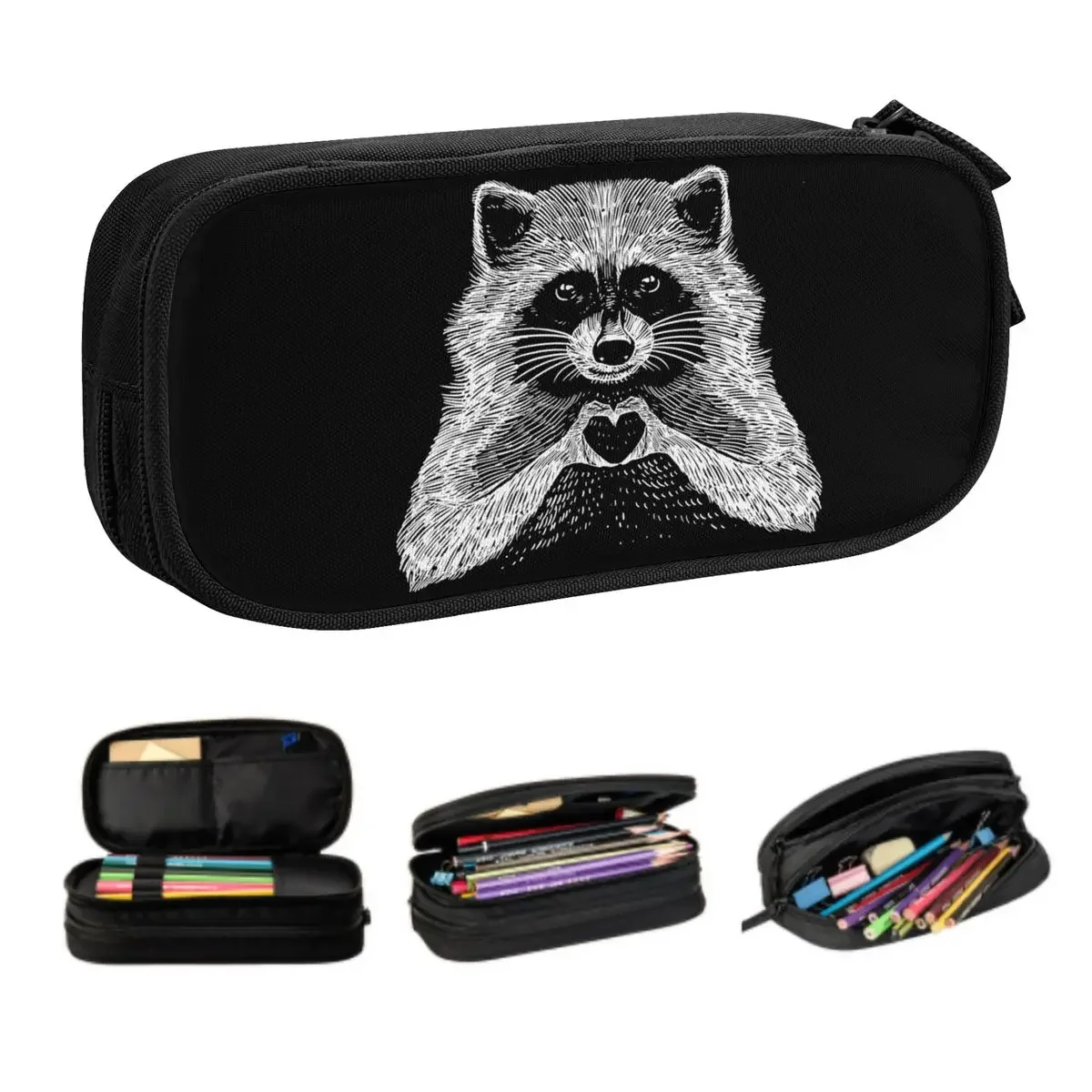 Custom Cute Love Raccoon Kawaii Pencil Cases Girl Boy Large Storage Racoon Panda Pencil Bag Pouch Students Stationery
