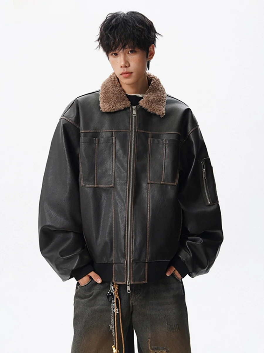 

Retro American Motorcycle Leather Jaet Cotton Coat Thiened Pilot Collar Jaet Winter Couple Outfit Outerwear for Youth