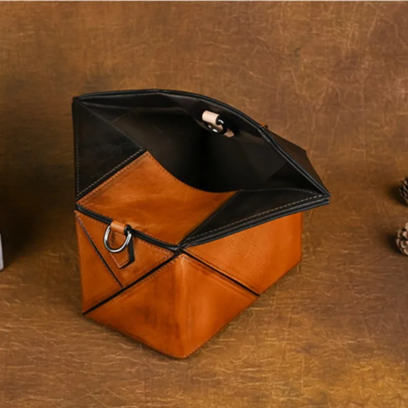 Johnature 2026 New Retro Crossbody Bag Handmade Genuine Leather Geometric Colored Women's Shoulder Bag