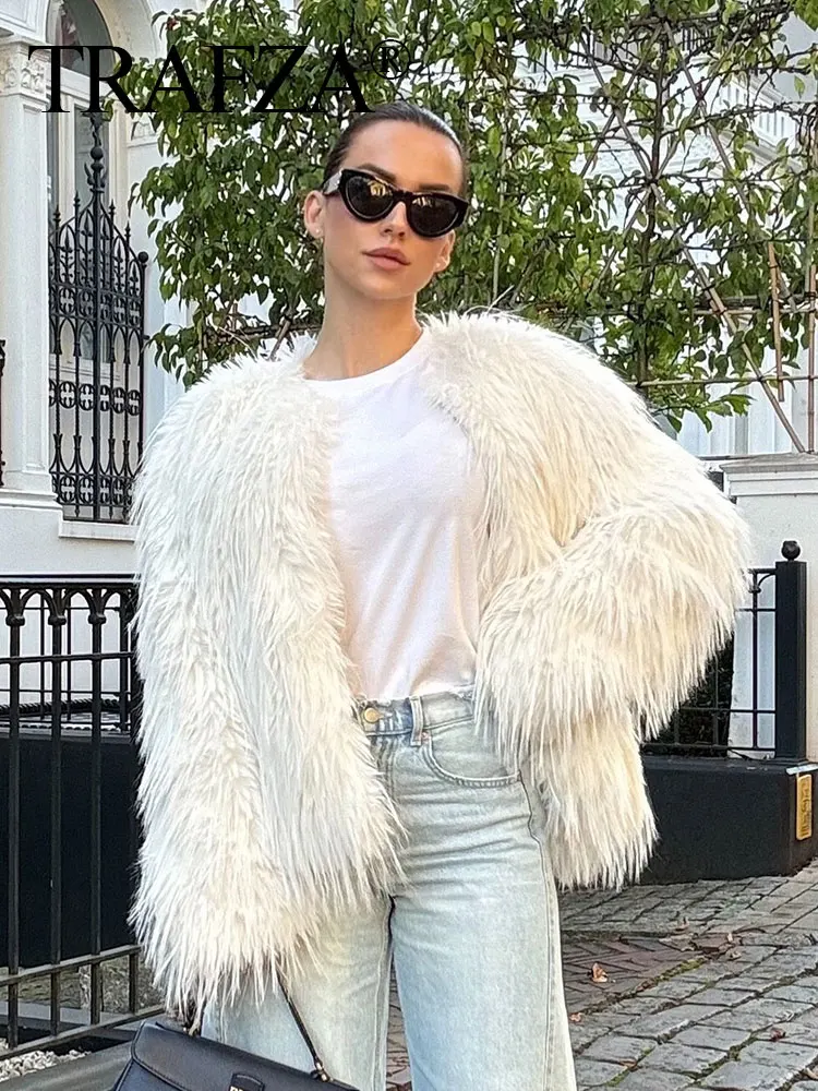 TRAFZA Women Fashion Faux Fur Cropped Coat Elegant Solid O Neck Long Sleeve Plush Jacket 2024 Autumn Casual Streetwear Coats