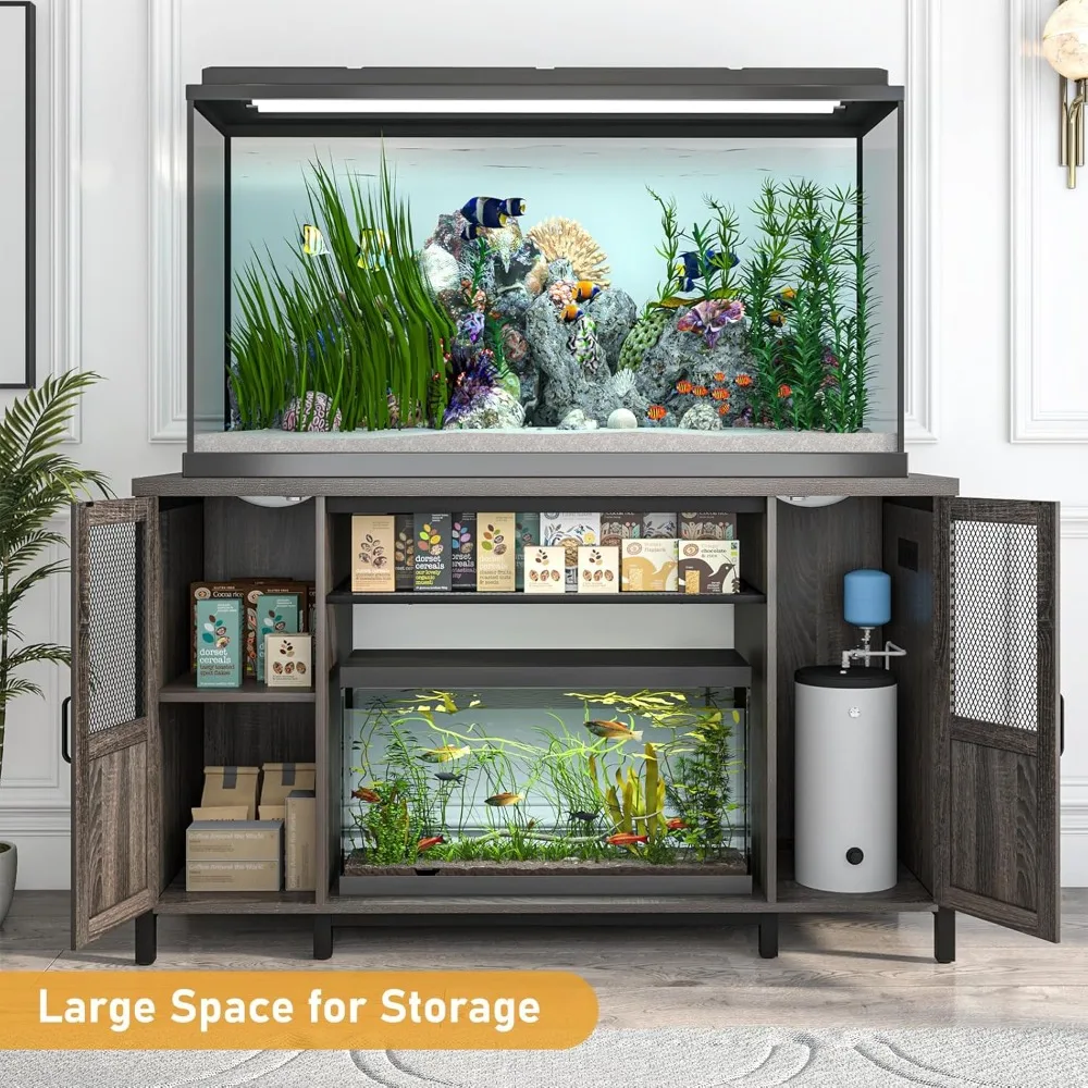 55-75 Gallon Fish Tank Stand with Power Outlet&LED Lights, Heavy Duty Metal Aquarium Stand for 2 Fish Tank Accessories Storage,