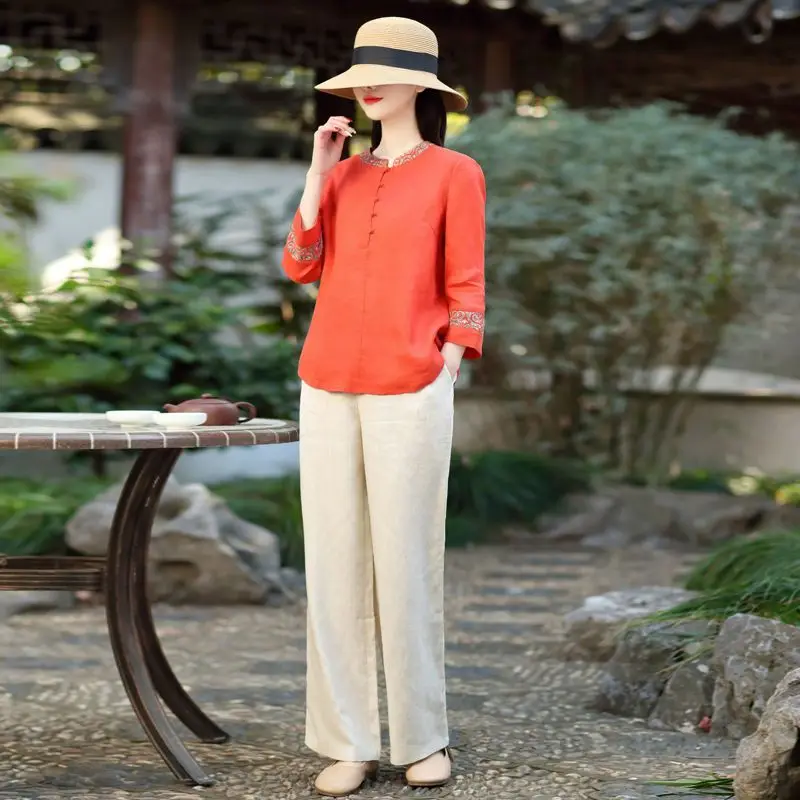 

plus Size Women's Slimming Youthful Cotton Linen Set Casual Spring Summer Top Bottoms Two Piece Set Artistic Commute Style