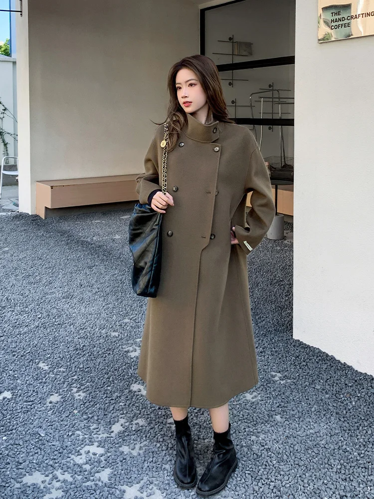 

Premium Loose Woolen Coat Women's Double-Faced Camere Thi Warm Korean Sle Winter Faion Outerwear Long Sve Coat