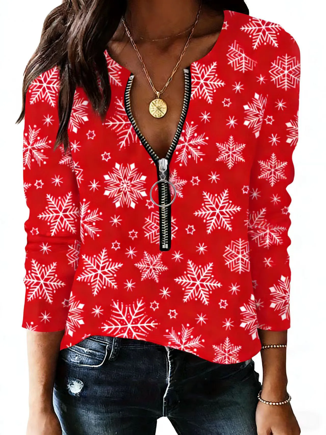 

Футболка на молнии больших размеров, весенне-осенний стиль, длинные рукава, узор снежинки, детали с молниями