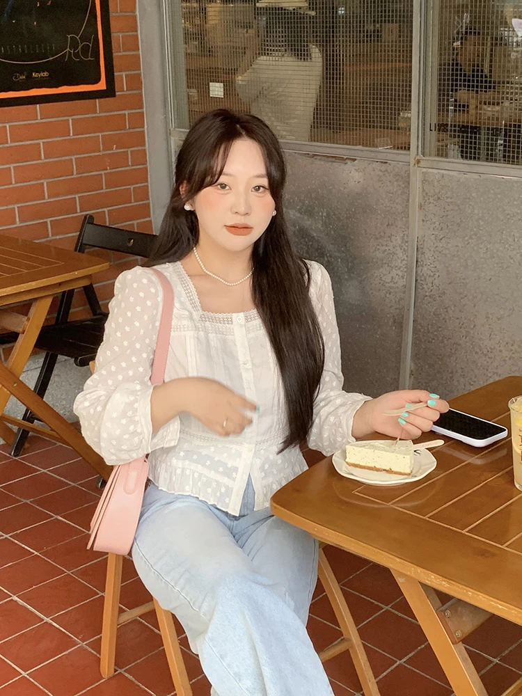 

White Long Sve Polka Dot irt for plus Size Women Ele Korean Sle Breathable Cotton Casual irt for Daily Wear