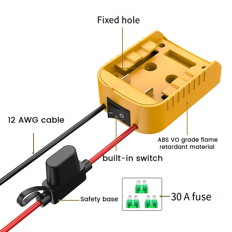 Adaptateur de roues d'alimentation pour Dewalt, batterie au lithium, bricolage, interrupteur marche/arrêt, fusible pour jouets de voiture RC, durable, 18V, 20V