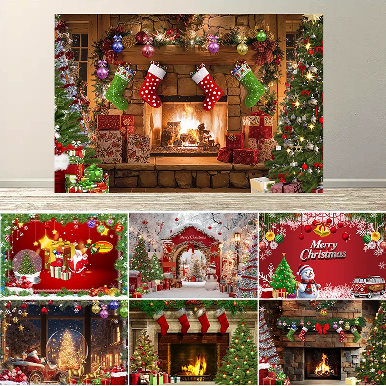 

Christmas Fireplace Theme Backdrop Winter Xmas Tree Indoor Decor Family Holiday Party Portrait Photo Backdrops Banner