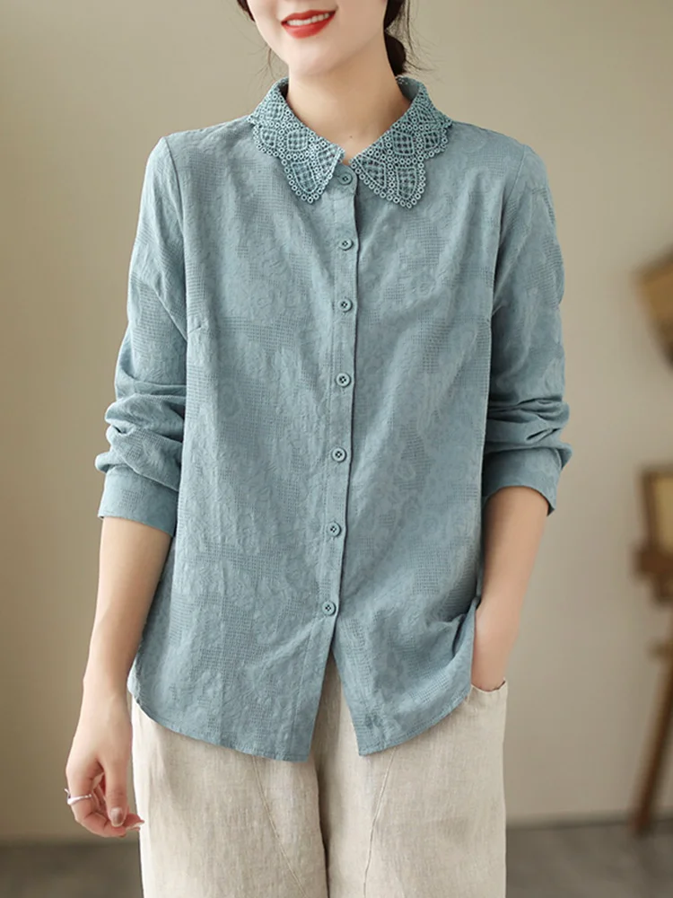 

Retro Embroidered Collar Long Sve Cotton Linen irt Floral Pattern Loose Fit Commute Sle Pure Color Button Detail