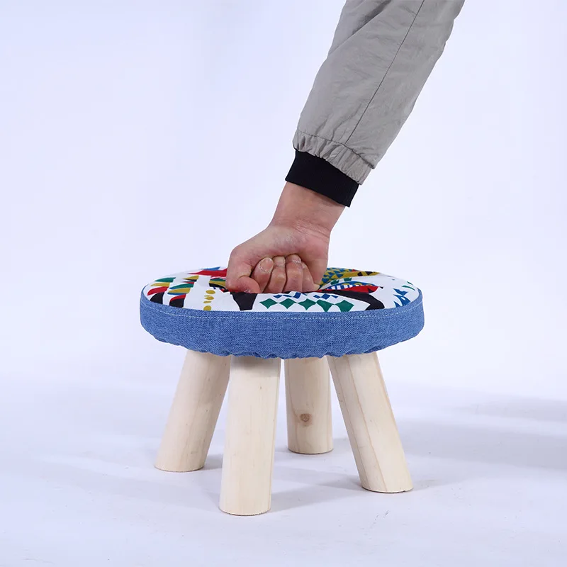 Petit tabouret rond en bois massif pour enfant, en tissu de dessin animé, amovible et lavable