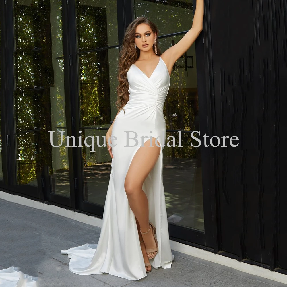 UETEEY Spaghetti Strap Meerjungfrau Hochzeit Kleid V-ausschnitt Split Vordere Ärmel Falten Backless Brautkleider 2022 Sexy Hochzeit kleider