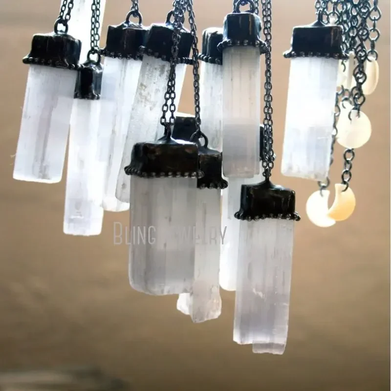 10pcs White Natural Stone Selenite Bar Pendant Necklace Rod Crystal Jewelry Gunmetal Chain Collare Goth Goblincore Grunge Boho